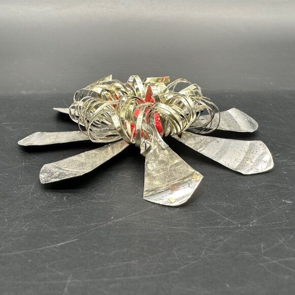 Vintage Christmas Ornament Aluminum Flower Red Button Handmade Mid Century - Picture 3 of 9